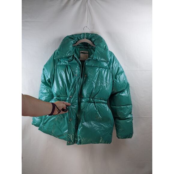 Wet Look Puffer Jacket A New Day Jade XXL Green Winter Coat Zip Up Puffy Cinch - Picture 5 of 11